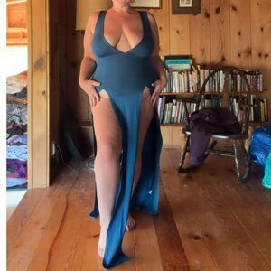 womans Teal Lingerie Maxi Gown Size L Thigh High Slits Sexy Classic Nightgown